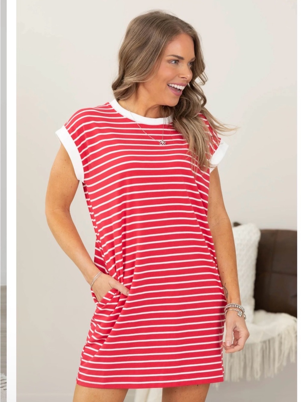 NWOT Red Striped Crewneck Tee Dress with White Trim
